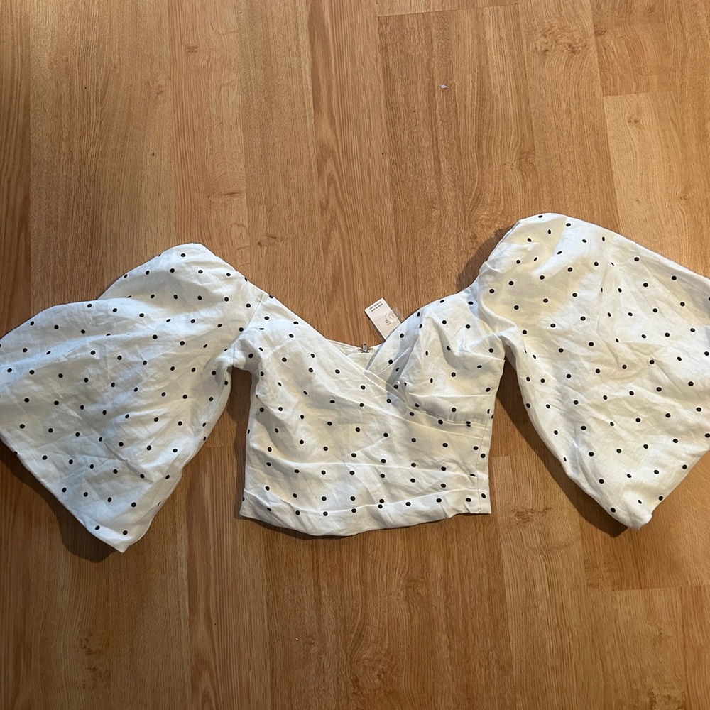 Bardot White Crop Top with Black Polka Dots and Puff Sleeves